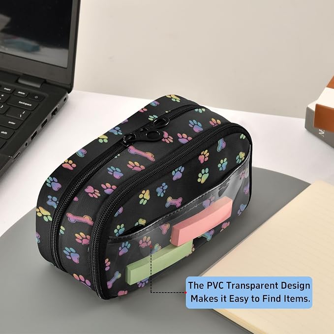 Pet Paw Black print Large Capacity Pencil Case with Zipper Water Resistant Portable Organizer Pen Bag for School Office Students