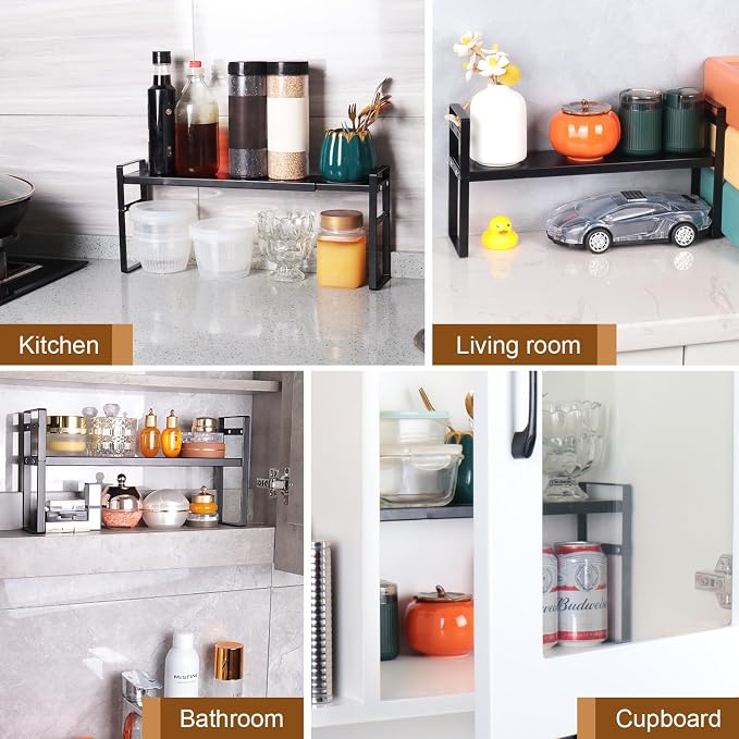 Expandable Narrow Medicine Cabinet Organizer Shelves Wide 3.58”,Metal Counter Storage Shelf Stand with Adjustable Layer and Non-Slip Pads for Cabinet,Kitchen,Pantry Small Space-Black