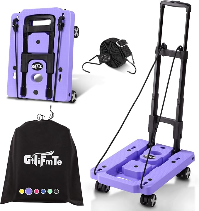 GtIiFmTe Foldable Hand Truck, Lightweight Luggage Cart for Airport Car Seat | Compact Folding dolly with Rotating swivel wheel,storage size12×15.7×4.1",300lbs Load,Upright Lock Handle with 3bungee cords