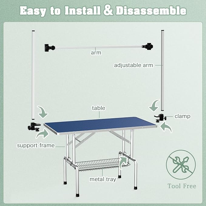 36'' Stainless Steel Pet Dog Grooming Table, Arm/Noose/Tray, Blue | Foldable Dog Grooming Table for Dogs at Home, Adjustable Height Arm, Non-Slip Waterproof Tabletop, Capacity 330Lb