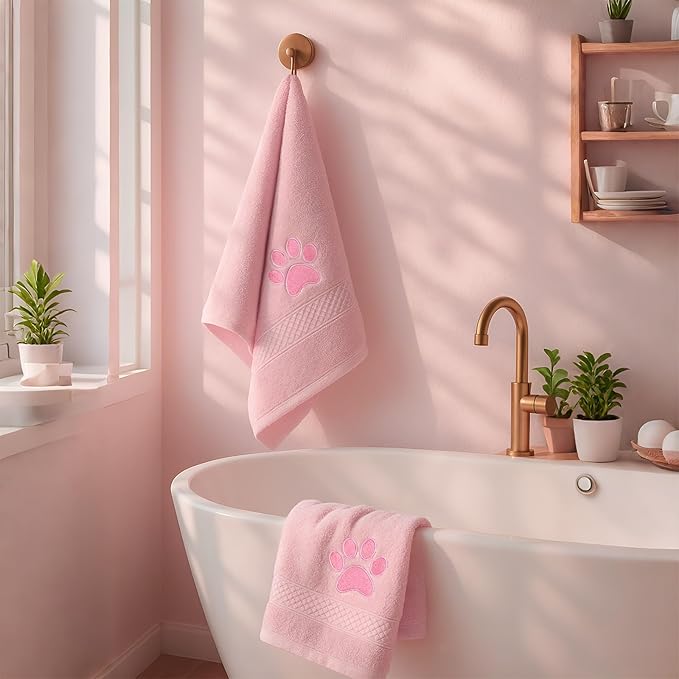 SmoothNovelty 2 Pcs Dog Paw Hand Towels Pink Bathroom Decor 13 x 29 Inch 100% Cotton Embroidered Soft Hand Towels Absorbent Farmhouse for Kitchen Restroom