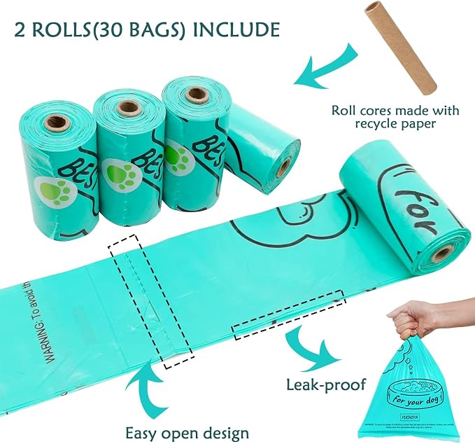 Dog Poop Pickup Bags Holder Dispenser with Standard-Sized Leak-Proof Scented Doggy Waste Bags and Carabiner with Safety Lock&Fastener Never Loose on Leash Lead Again (2 Holders 30 Bags, Grey)
