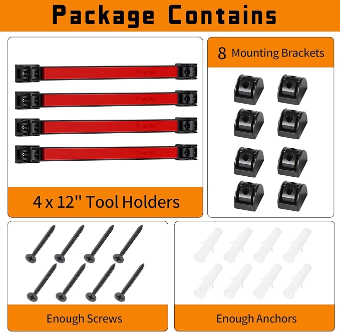 12" Magnetic Tool Holder Strip, 4 Pieces Red Metal Tool Organizer Rack with Stainless Steel Surface, Magnet Bar for Garage Workshop, Easy To Install with Mounting Screws