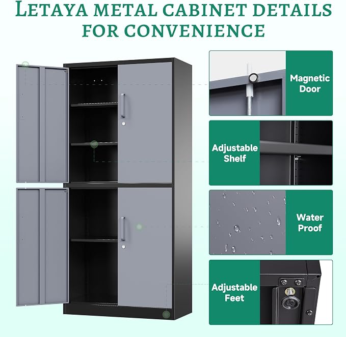 Metal Storage Cabinets with Lock Door and Shelves, Steel Garage Tool Cabinets for Home,Office, Warehouse,Lockers(71"-Black Gray)