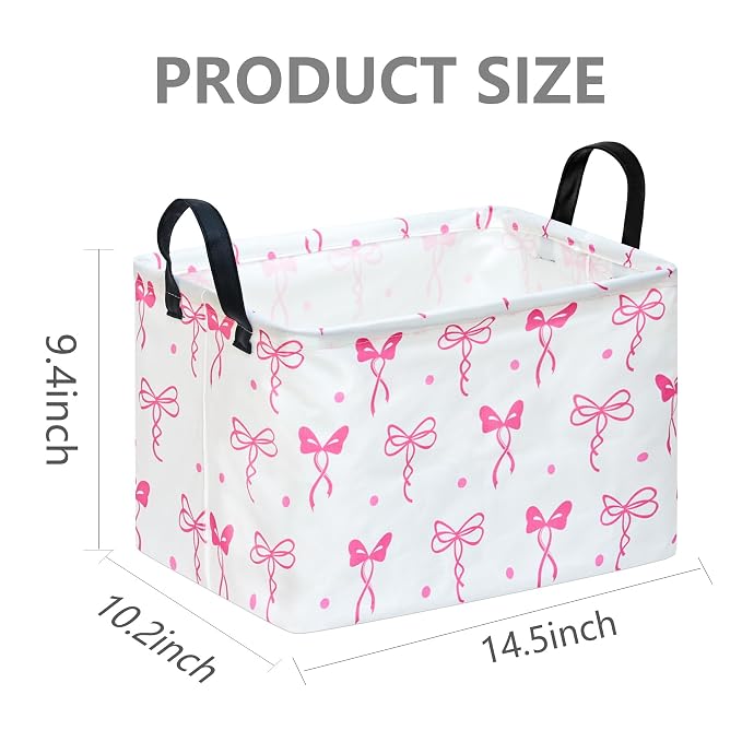 Pink Bow Storage Basket for Girls Room, Foldable Toy Organizer Bin | Pink Bow Design with Cotton Linen Fabric, Waterproof Lining, Leather Handles and Foldable Style for Girls Room Storage