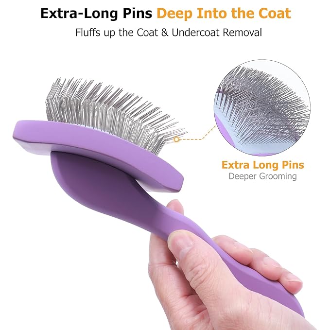 Extra-Long Pin Slicker Brush for Large Dogs, Removes Tangles, Mats & Undercoat Fluff, Wood Handle, Grooming Tool for Poodle Goldendoodle Labradoodle & Thick-Coat Breeds, Purple