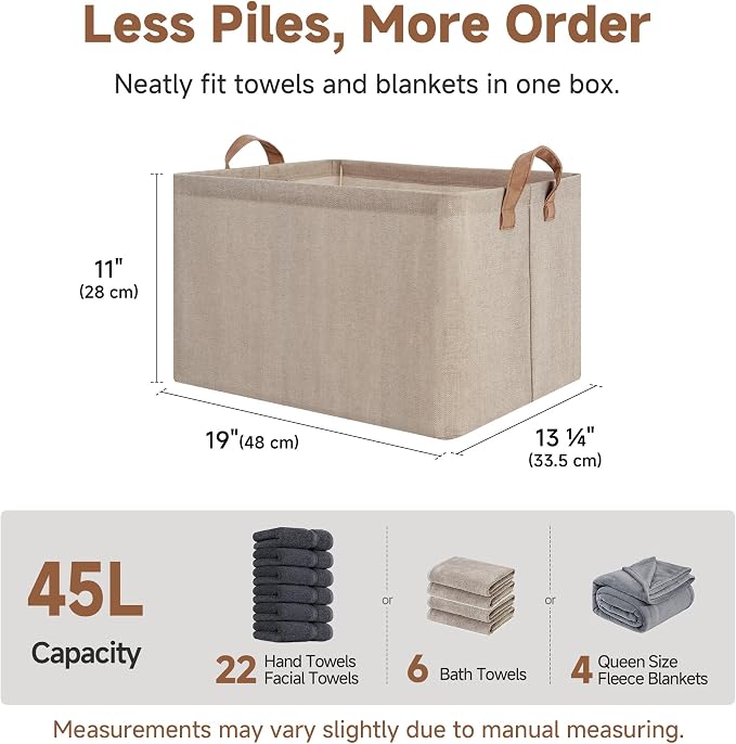 StorageWorks Fabric Storage Bins, Brown and Beige, Extra Large, 2-Pack | 45L, With Reinforced PU Handles, Metal Frame, Collapsible, Storage Basket for Shelves, Closet, Holds Clothes, Towels, Blanket