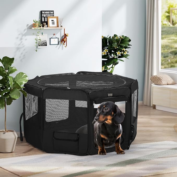 Dog Playpen Portable Pet Play Pens for Small Dog/Cat/Rabbit/Chicks, Cat Playpen Indoor/Outdoor with Carring Case, Removable Zipper Top and Bottom (Black, Medium (36"x36"x20"), 8)