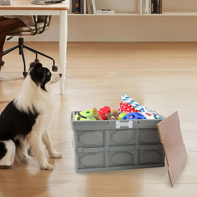Outdoor Dog Toy Bin wtih Handles,Collapsible Dog Stuff Organizer Portable,Pet Storage Basket with Wood Cover for Dog Toys/Snack/Camping Essentials,Ideal for Car Trunk,RV Trip,Picnic-Gray