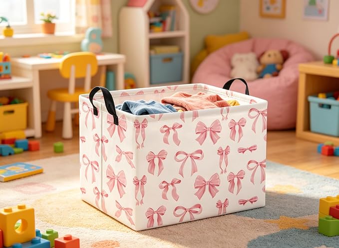 Rectangular Baby Kids Storage Basket for Home Kitchen Girls Cute Toy Storage Bin Organizer Shelf Book Room Decor(Silk Bowknot)