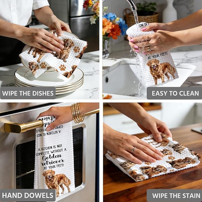 Golden Retriever Waffle Weave Kitchen Towels, Quick Dry Multipurpose Hand Towels for Bathroom, Absorbent Reusable Cloth Tea Dish Towels for Home Decor, Dog Lover Gift Towel Set of 2