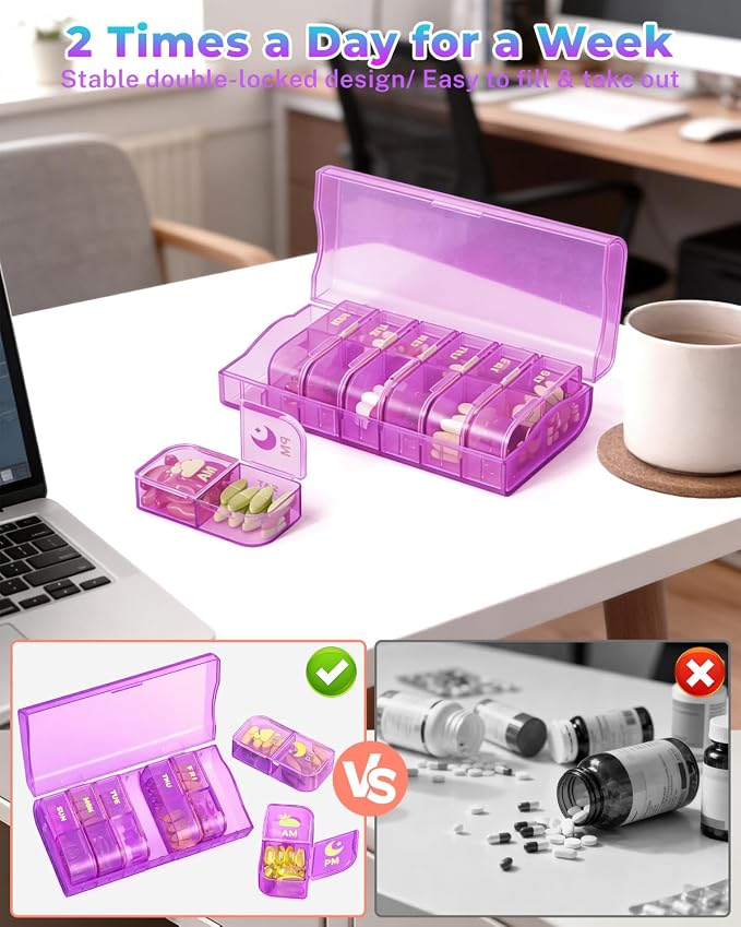 Weekly Pill Organizer 2 Times a Day, 7 Day AM/PM Pill Box, Portable Medication Dispenser with Child-Resistant Latch, BPA-Free, Travel, Office, Pets, Emergency Use (Lavender Purple)