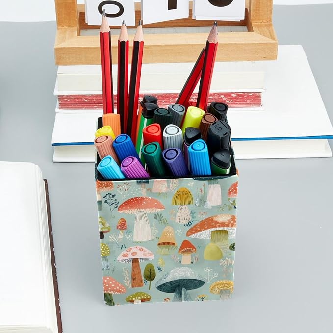 Mushroom Pen Holder for Desk Decor, Rectangular PVC Leather Pencil Cup for Desk Pen Organizer, Makeup Brush Holder for School, Home, Office