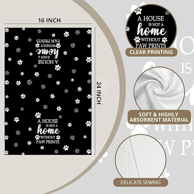 Black Paw Farmhouse Kitchen Towels Decor Gifts for Women Pet Lovers, A House is Not A Home Without Paw Prints Decorative Bathroom Towels, Funny Dish Hand Towels for Kitchen Drying 16x24 Inch