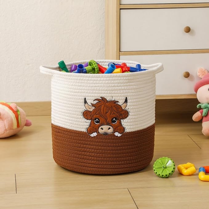 Highland Cow Cute Basket for Nursery, Woven Cotton Rope Storage Basket for Kids, Baby Blanket Organizer with Handles, Storage Basket for Blanket Towel Toys Clothes, Highland Cow Decor, Medium
