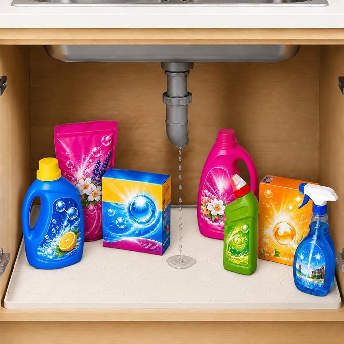 34"x22" Waterproof Silicone Under Sink Mat Drip Tray(Cream Brown) | Non-Slip Silicone Sink Liner & Drip Tray with Raised Edges, Versatile Floor & Cabinet Protector for Pets & Utility Area