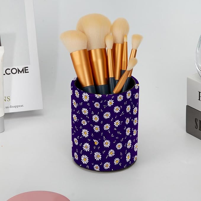 Faux Leather Pen Holder for Desk, Pencil Organizer Daisy Pen Cup Desk Decor Makeup Brush Holder Storage for Office Home
