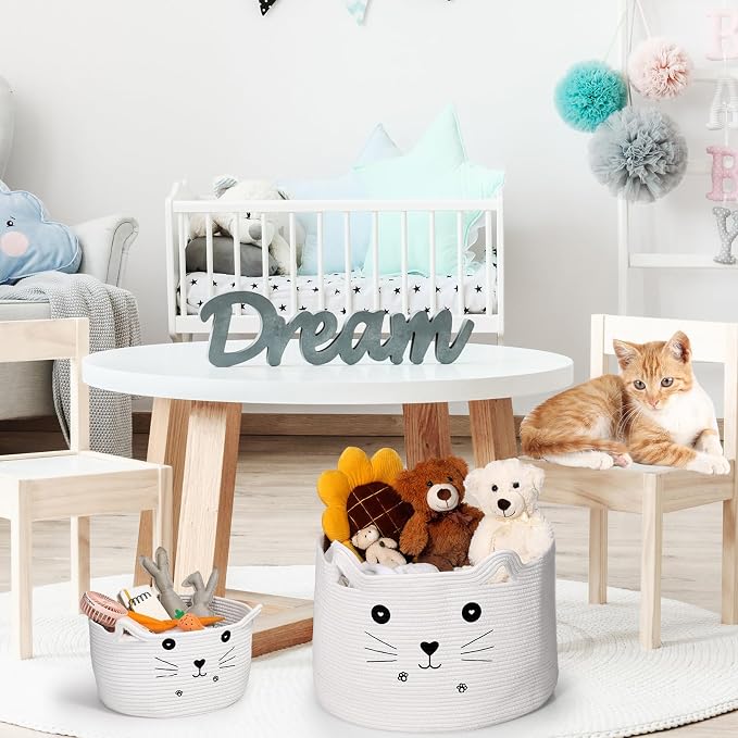 Zopeal Cat Storage Basket Woven Organizer with Ears Decorative Gift Cute Cotton Rope Pet Toy Basket for Gift Cat Dog Toy Bin Nursery Room(21.7 x 13.8 Inch,White)