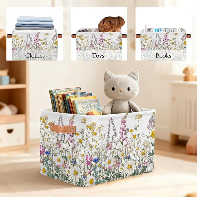 Pardick Storage Baskets Bin, Spring Wildflowers Floral Collapsible Canvas Fabric Storage Bin Decorative Baskets Toy Organizer Rectangle Storage Boxes with handles for Home Shelves Nursery,Q-4