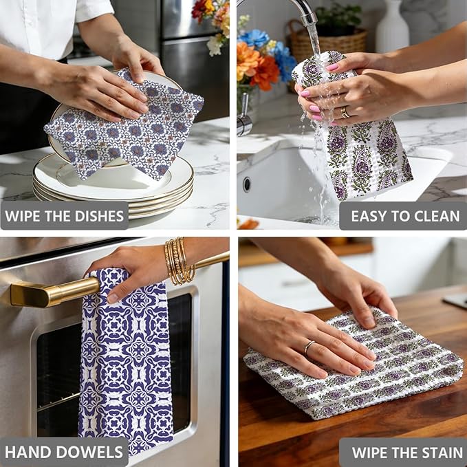 3 Pcs Retro Flower Kitchen Towels, Colorful Flower Soft Absorbent Hand Tea Towel, Microfiber Dish Cloths for Drying Dishes, Waffle Dish Towels for Kitchen Farmhouse Decor, Floral Gifts for Women Mom06