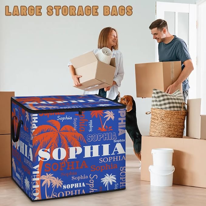 Personalized Summer Palm Trees Storage Bags with Lid Large Blanket Clothes Organization Storage Containers for Comforters,Bedding, Foldable Organizer, Orange White Names Navy Blue Background