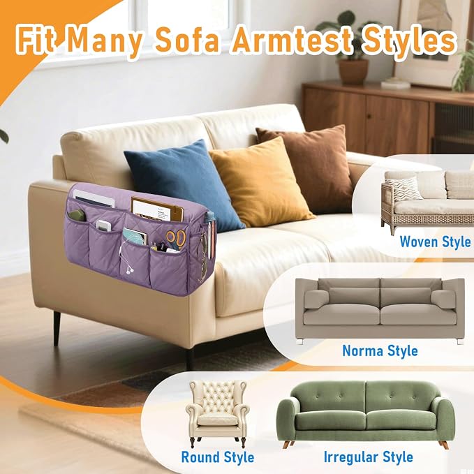 Armchair Caddy, Remote Control Holder for Recliners, Sofa Armrest Organizer, Non Slip Recliner Organizer, Couch Caddy with 14 Pockets Storage for TV Remote, Phone, Magazine (Purple)