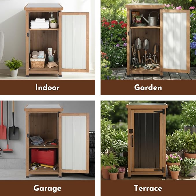 Ketive Outdoor Storage Cabinet with Metal Worktop, Small Garden Storage Cabinet with Adjustable Shelf, Weather-Resistant Fir Wood Tool Organizer for Patio, Backyard, Porch or Balcony