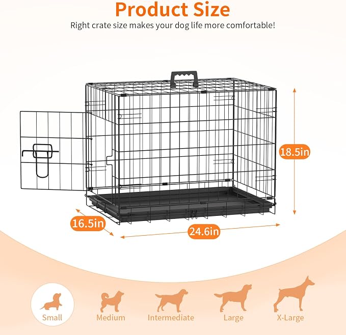 FDW Dog Crate 24-Inch Dog Cage Single Door Foldable Metal Kennel with Leakproof Tray Foldable Design Indoor Outdoor Use for Small Dogs,Dark Black