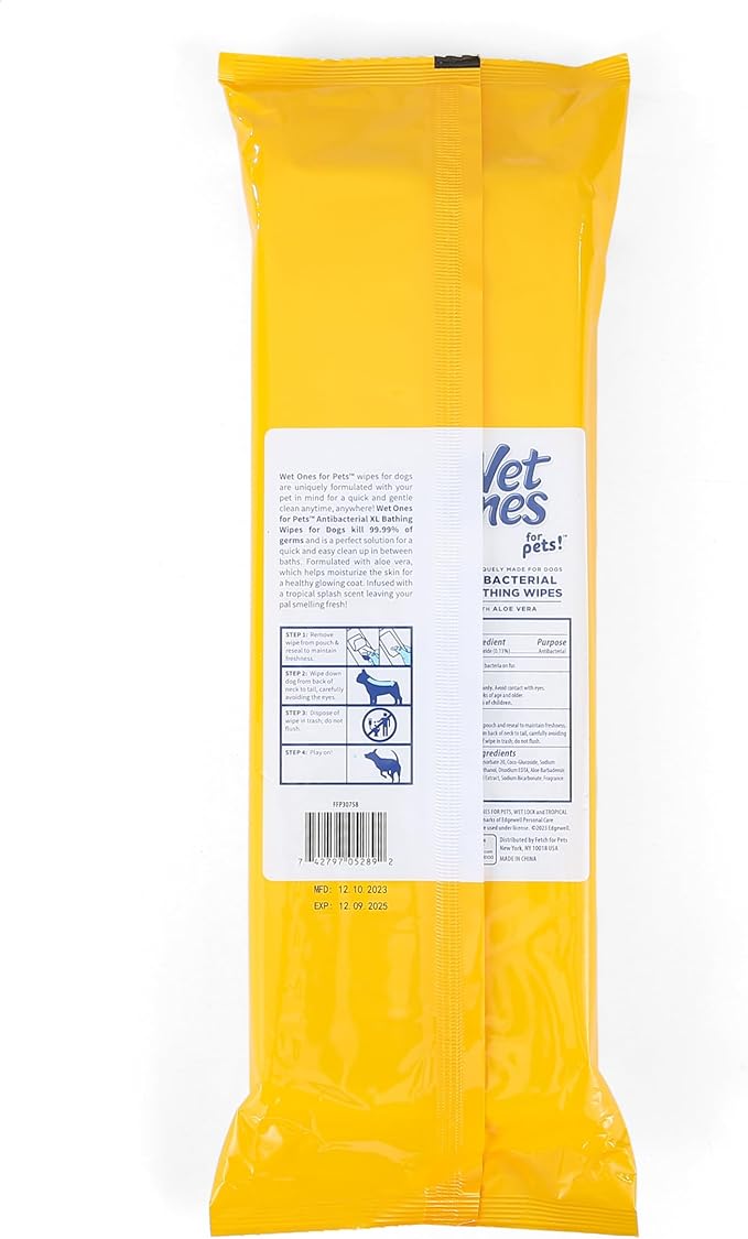 Wet Ones for Pets Multipurpose Dog Wipes with Aloe Vera, Tropical Splash Scent - Extra Large Pet Bathing Wipes with Wet Lock Seal for Paws and All-Over Use, 10 Count - 3 Pack