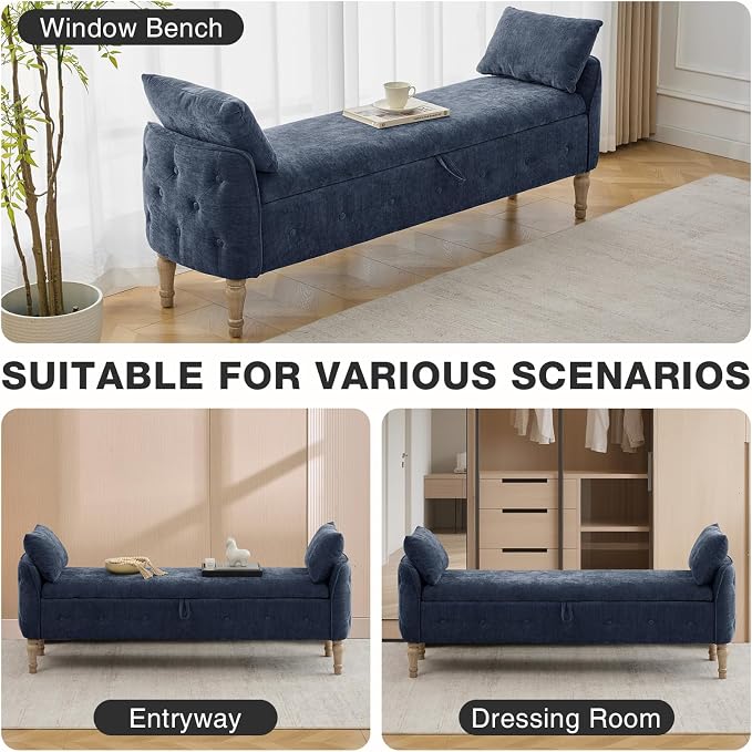 67"End of Bed Storage Bench King Size,Upholstered Bedroom Bench,Blue | Linen Storage Bench for Bedroom End of Bed ,2 Cushion, Vintage Wood Legs ,Tufted,Storage Ottoman Bench for Entryway Window