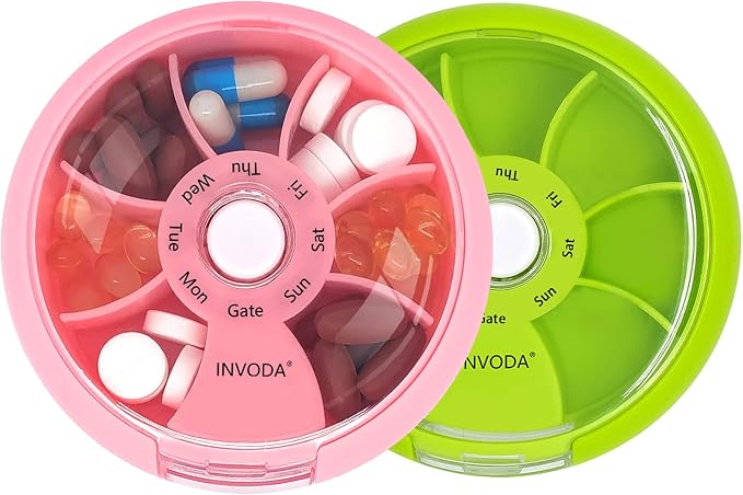 2PCS INVODA Weekly Pill Organizer 7 Compartment Rotating Pill Box for Daily | Cute Round Pill Organizer Fit purse pocket or backpack Portable Travel Pill Case for Fish Oil Supplements Vitamins Medication