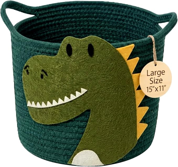 Nursery Storage Basket, Large Woven Cotton Rope Baby Bin with Dinosaur design, Strong Handles, Baby-Safe Kids Toy Organizer for Stuffed Animals, Laundry Hamper, Foldable & Washable (Dinosaur 35L)