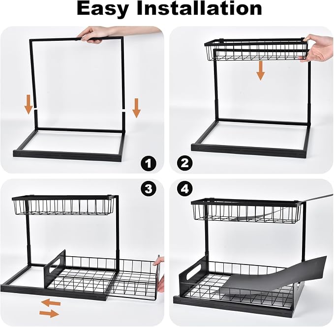 Under Sink Organizer, L-Shaped Pull Out Cabinet Organizer, Kitchen | 2 Tier Metal Slide Out Shelf for Kitchen, Bathroom, Laundry, and Utility Cabinet Storage for Deep Cabinets, Black, 1 Pack