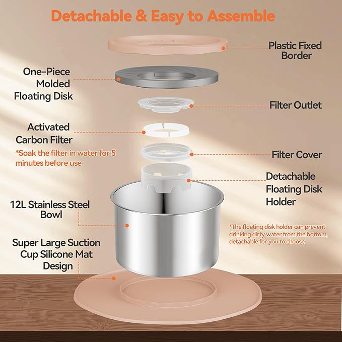 Decflow 12L No Spill Dog Water Bowl for Large Dogs, Stainless Steel Spill Proof Bowls with Suction Cup Anti-Skid Mat, Slow Feeder for Messy Drinkers, Heavy Duty Pet Bowls for Indoor/Outdoor Beige