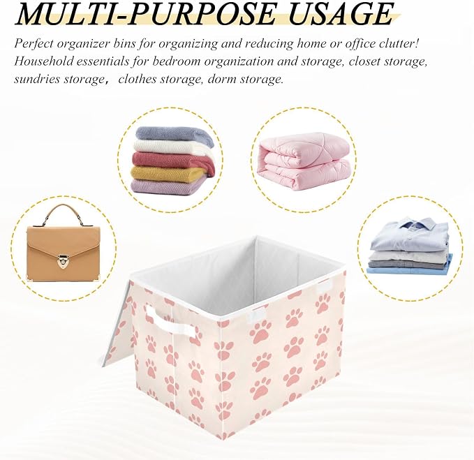 Kigai Paws Cat Dog Storage Bins with Lids, Fabric Organizer Box with Flip-Top & Handles, Foldable, Stackable Collapsible Container for Closet, Home, Bedroom