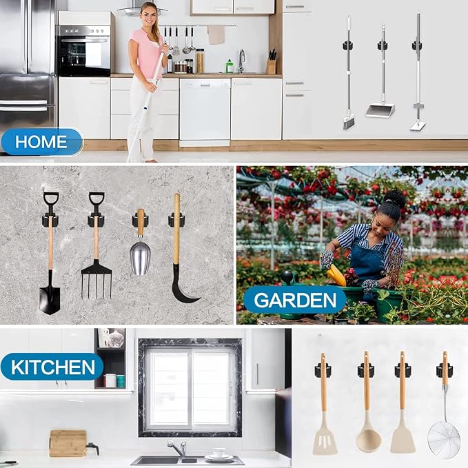 JAMEND CLXP 12PCS Broom and Mop Holder, Heavy Duty Garden Tool Organizer Rack Rake and Shovel Handle, Stainless Steel Mop Hanger. Wall Mounted Utility Rack with Screws, Silver.