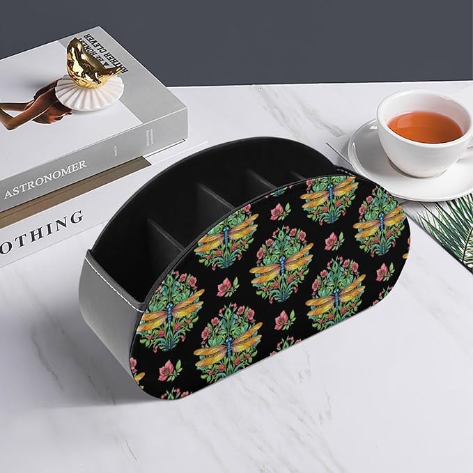 Remote Control Holder Caddy Dragonfly Animal Lover Desk Storage Organizer | Dragonfly Animal Lover, PU Leather, 5 Compartments, Fits TV Remotes, Media Player, Office Supplies