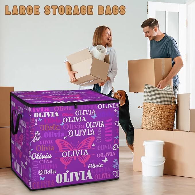 Personalized Name Foldable Storage Basket Cubes with Lid, Laundry Hamper Dirty Clothes Storage Bin with Handles for Shelf Home Closet Kitchen, Dark Voilet Purple Background with Butterfly
