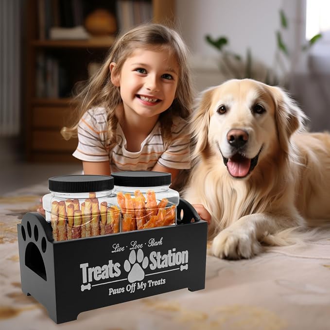 Dog Treat Container With 2 Plastic Jars, Farmhouse Pet Food Storage Organizer for Dogs and Cats (Black)