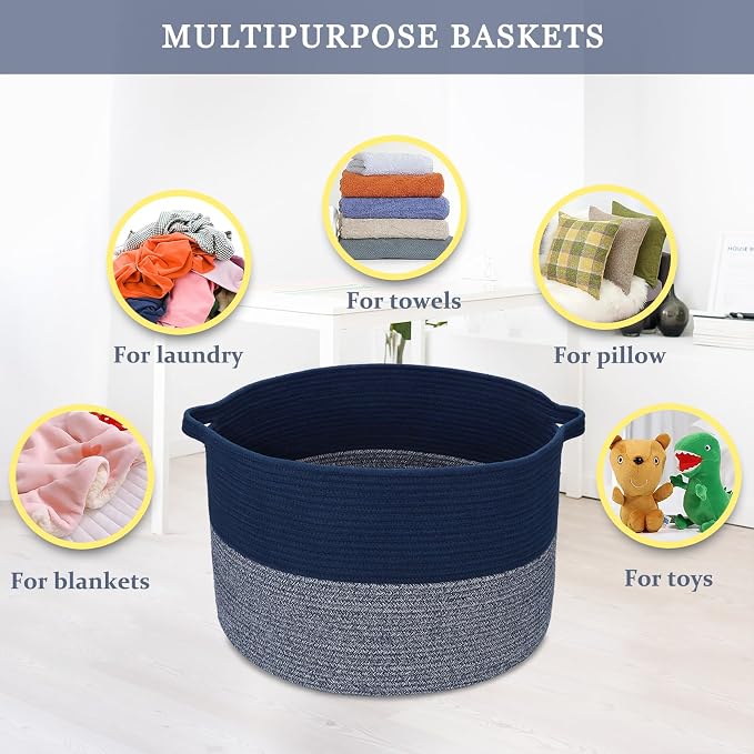Large Cotton Rope Blanket Basket, 87L Laundry Hamper, Navy Blue