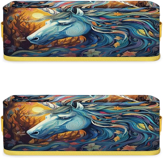 Unicorn Leaf Warmth Bathroom Storage Basket, Foldable with Handle Open Countertop Paper Towel Decorative Box, Toilet Tank Top Shelf Baskets for Home Closet Bedroom Living Room Office