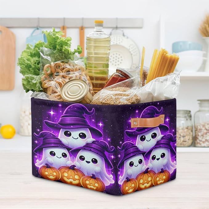 Halloween Basket Storage Bins Rectangle Canvas Basket Cube Storage Box | Nursery Foldable Basket with Handle for Kids Girls Boys Toys Living Room Closet Organizer Shelf Gifts Spooky Decor (261)