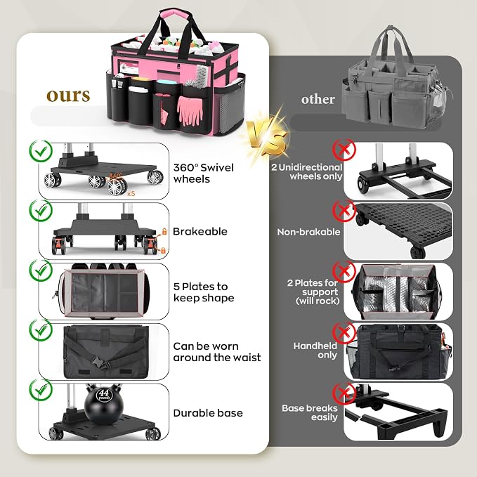 Cleaning Caddy with Wheels - Rolling Cleaning Caddy Bag with Detachable Trolley, Cleaning Caddy for Cleaning Supplies, Cleaning Bag for Housekeeping, Pink