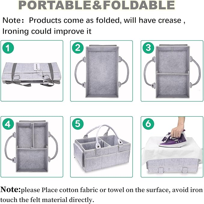 XUANGUO Large Baby Diaper Caddy Organizer, Felt Basket with Handles, Grey | Nursery storage bin with dividers; portable tote bag for baby stuff, changing table or car, baby shower and registry gifts.