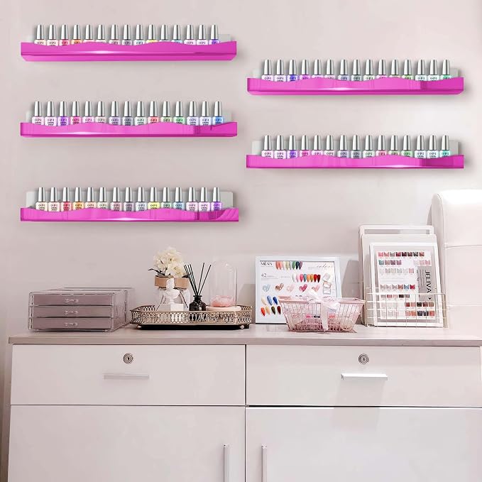 Wall-Mounted Nail Polish Organizer Rack - 15 Inch Pink Mirror Finish Nail Polish Shelf, Makeup & Beauty Essentials Storage - Multi-Purpose Display Holder for Small Space, Vanity Bathroom, 6 Pack