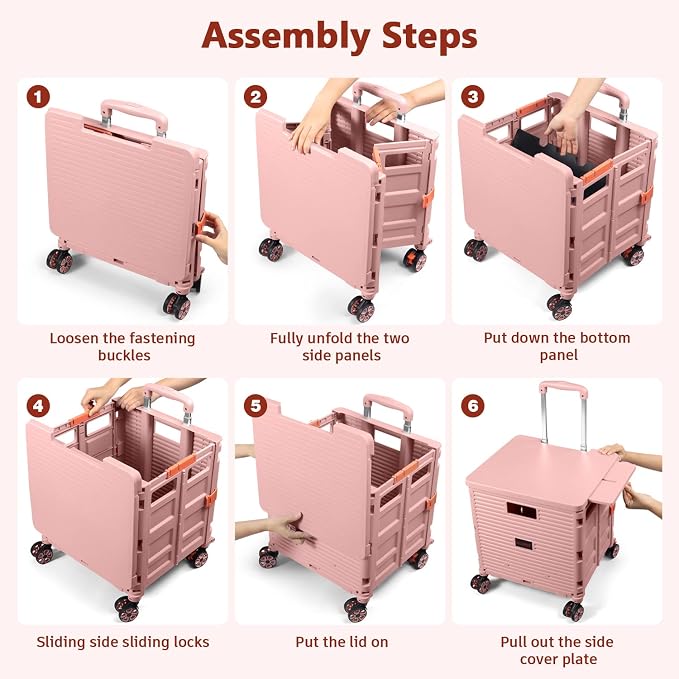 Foldable Utility Cart Collapsible Portable Crate Rolling Carts with Wheels Tote Basket with Magnetic Lid Telescopic Cover Wear-Resistant 360°Rotate Wheel Noiseless for Shopping Storage Office Use