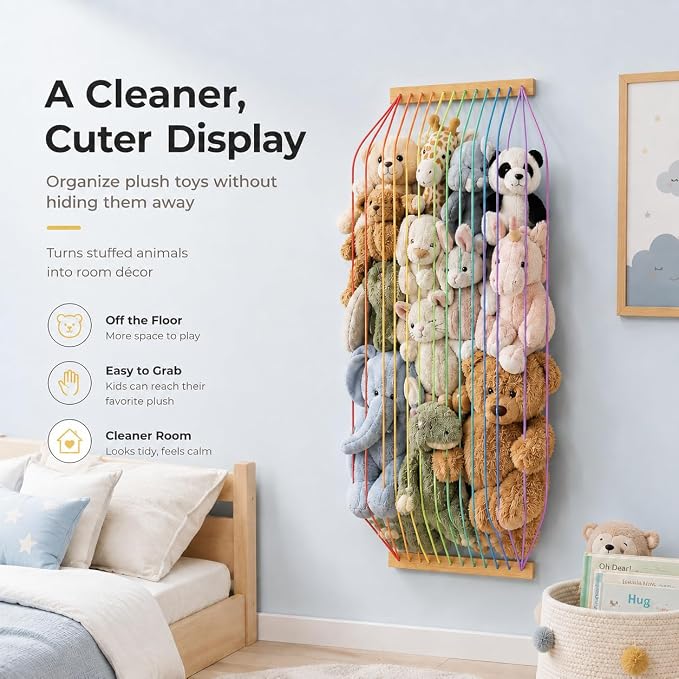 Stuffed Animal Storage Wood Soft Toy Organizer for Kids Room,Cute and Durable Wall or Door Mount Length Adjustable Hanging Stuffed Animal Toy Organizer Shelf for Nursery Play Room Rainbow -Patent