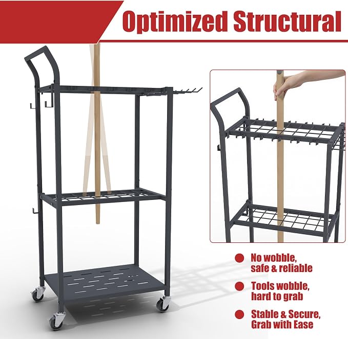 Faesun Garden Tool Organizer with Wheels, Rolling Yard Tool Rack with 14 Hooks & 5 Slots, 3-Tier Metal Cart Holds 50+ Rakes/Shovels/Brooms, Mobile Lawn Storage for Garage Shed Outdoor