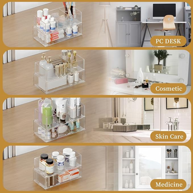 2 Tier Medicine Cabinet Organizer and Storage,Stackable Bathroom Medicine Organizer with Removable Dividers, Plastic Vanity Storage