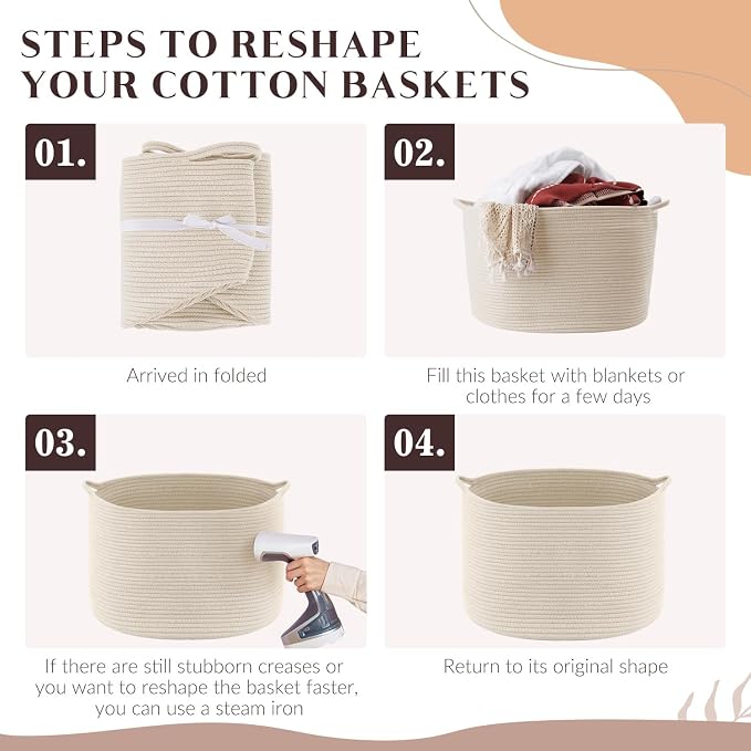 Maliton Woven Rope Blanket Basket Living Room, Storage Basket for Toy, 90L | 22"x14" Cotton Rope Basket. Holds Blankets, Toys & Towels & Laundry. For Bedroom, Nursery, Bath & Playroom. Soft & Durable
